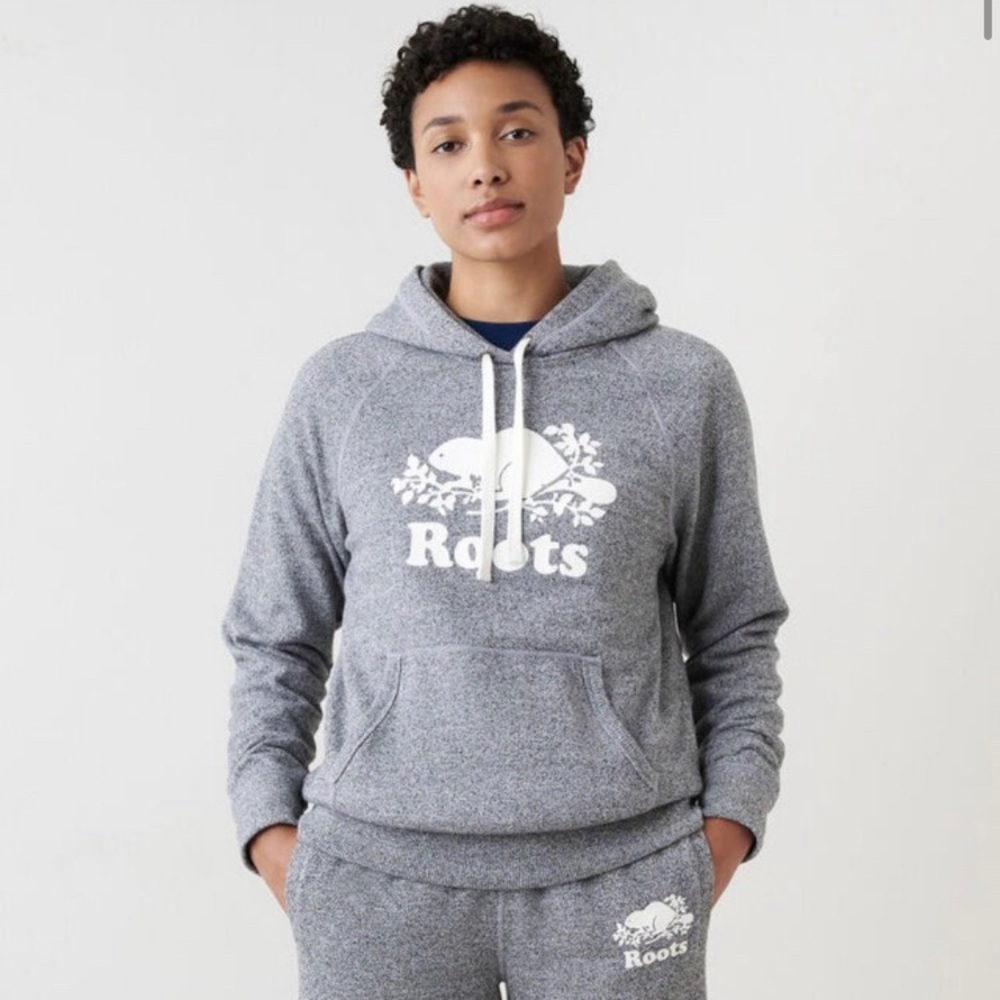 Roots Original Kanga  Graphic Big Logo Hoodie Sweatshirt Space Dye Gray M